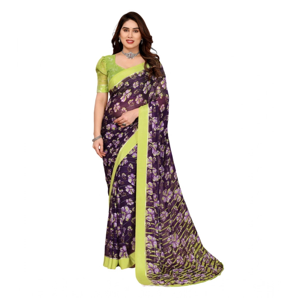 Women's Georgette Printed Saree With Unstitched Blouse 5.5Mtr (Purple)