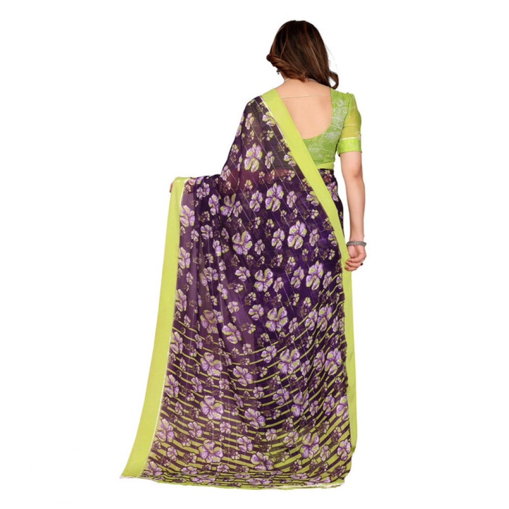 Women's Georgette Printed Saree With Unstitched Blouse 5.5Mtr (Purple)