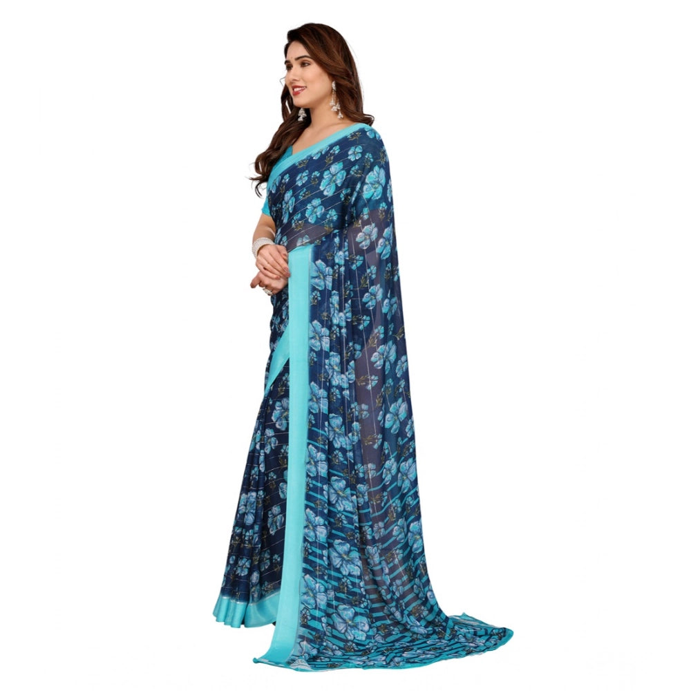 Women's Georgette Printed Saree With Unstitched Blouse 5.5Mtr (Sky Blue)