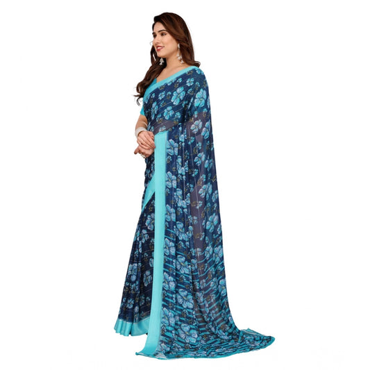 Women's Georgette Printed Saree With Unstitched Blouse 5.5Mtr (Sky Blue)