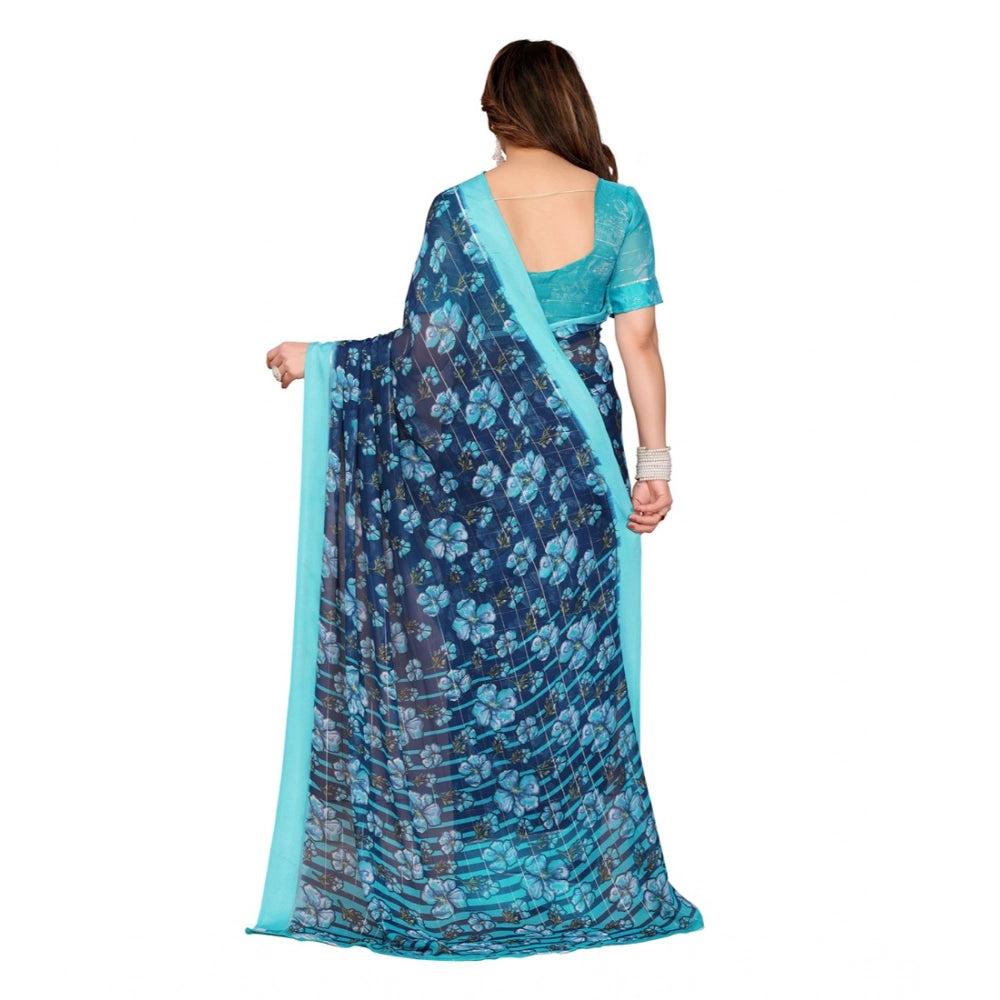 Women's Georgette Printed Saree With Unstitched Blouse 5.5Mtr (Sky Blue)