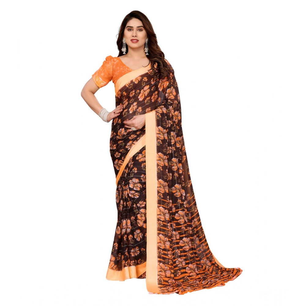 Women's Georgette Printed Saree With Unstitched Blouse 5.5Mtr (Brown)