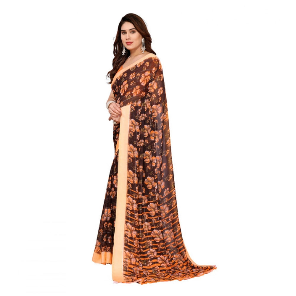Women's Georgette Printed Saree With Unstitched Blouse 5.5Mtr (Brown)