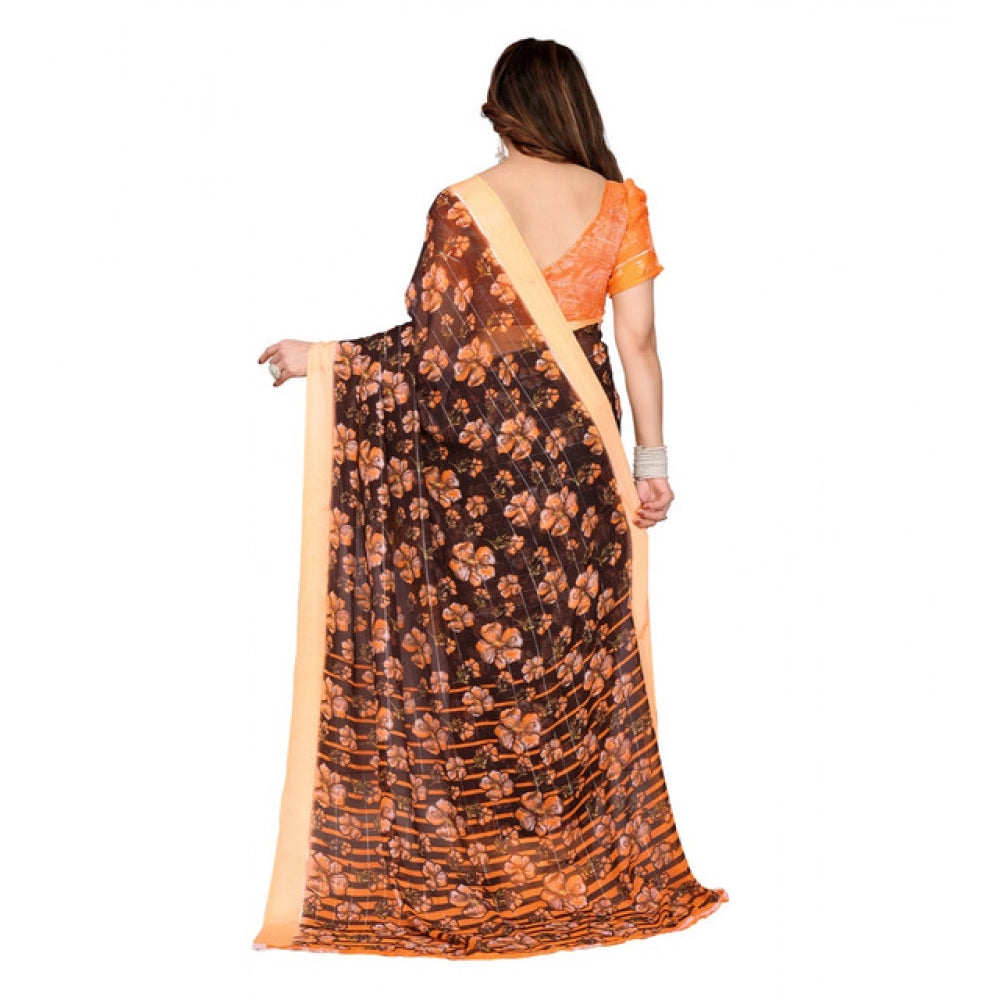 Women's Georgette Printed Saree With Unstitched Blouse 5.5Mtr (Brown)