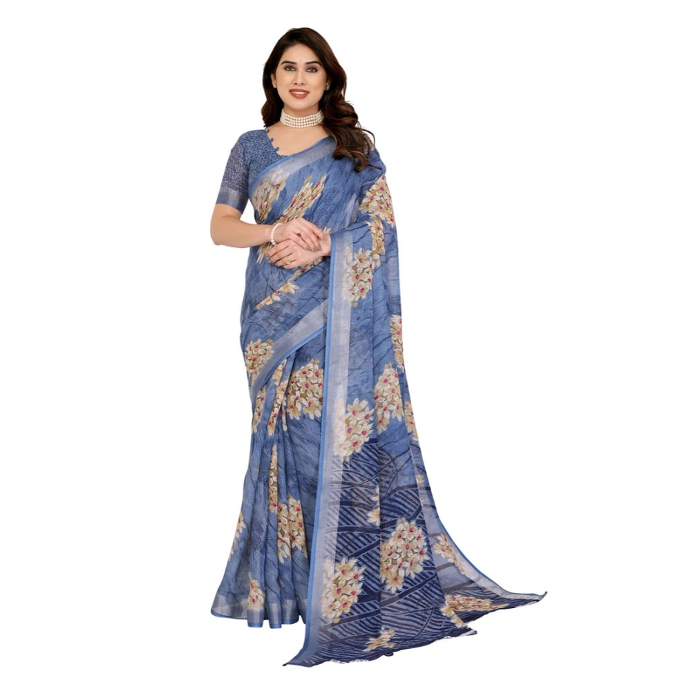 Women's Georgette Printed Saree With Unstitched Blouse 5.5Mtr (Blue)