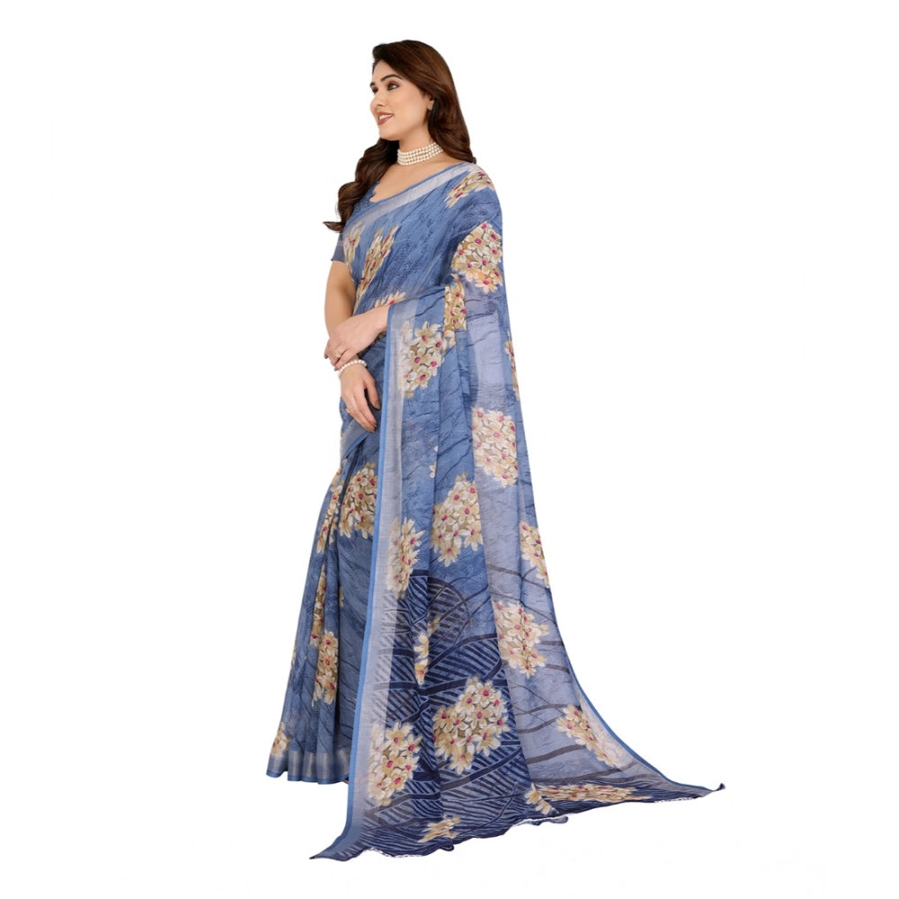 Women's Georgette Printed Saree With Unstitched Blouse 5.5Mtr (Blue)