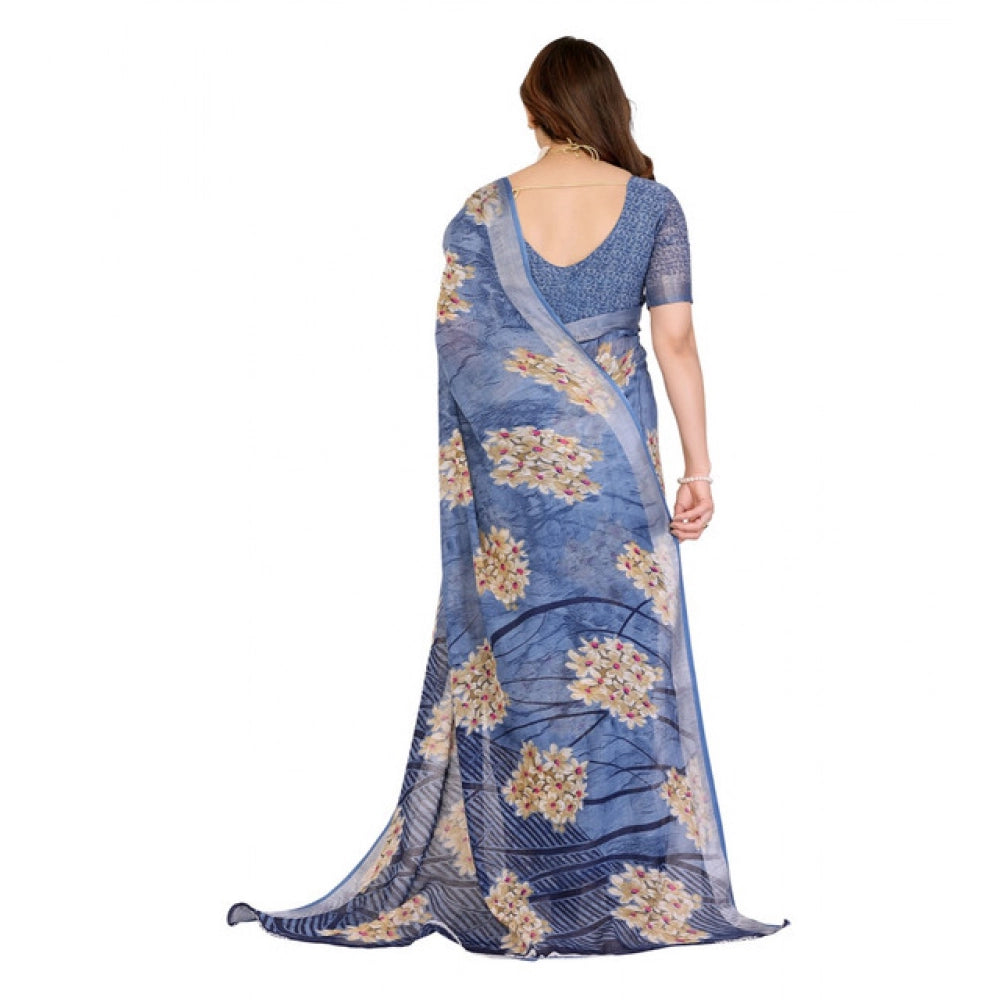 Women's Georgette Printed Saree With Unstitched Blouse 5.5Mtr (Blue)