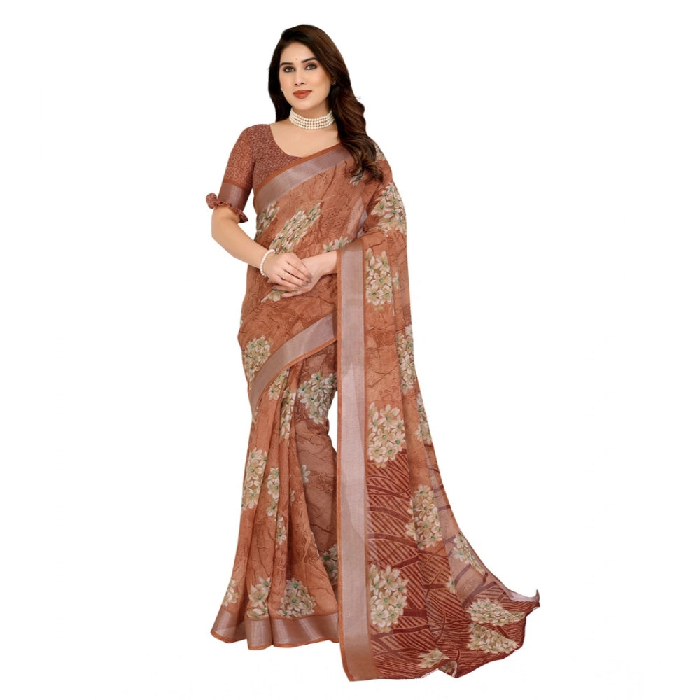 Women's Georgette Printed Saree With Unstitched Blouse 5.5Mtr (Brown)