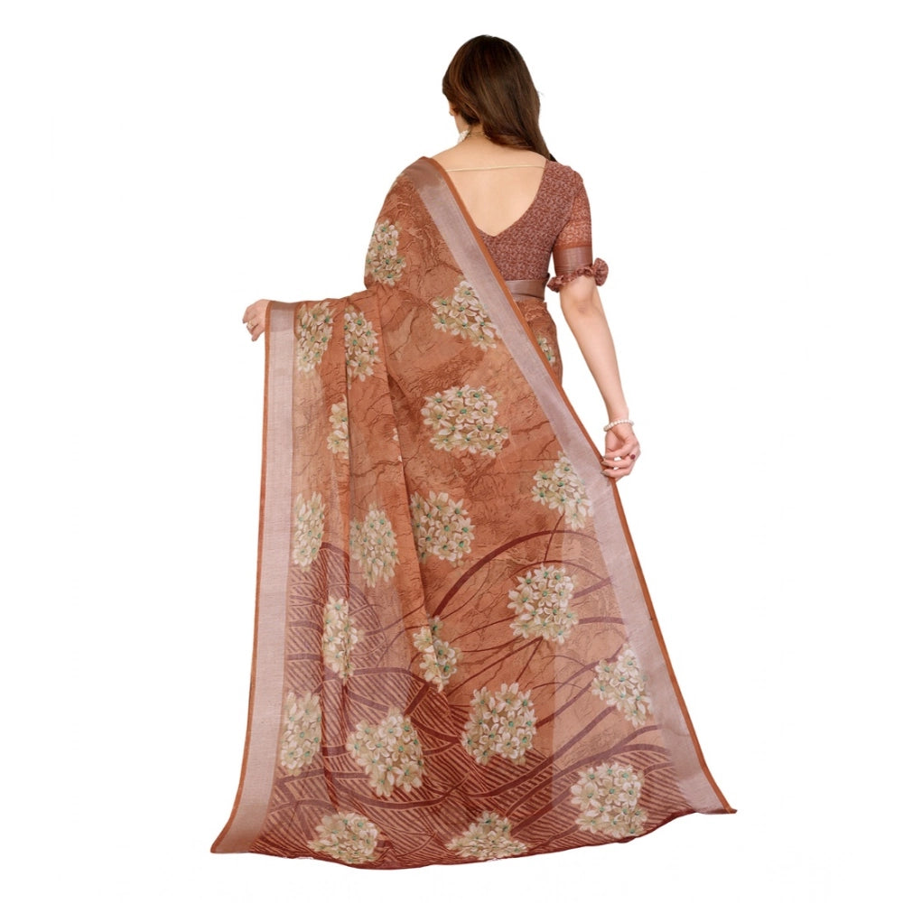 Women's Georgette Printed Saree With Unstitched Blouse 5.5Mtr (Brown)