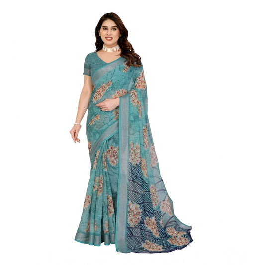 Women's Georgette Printed Saree With Unstitched Blouse 5.5Mtr (Turquoise Green)