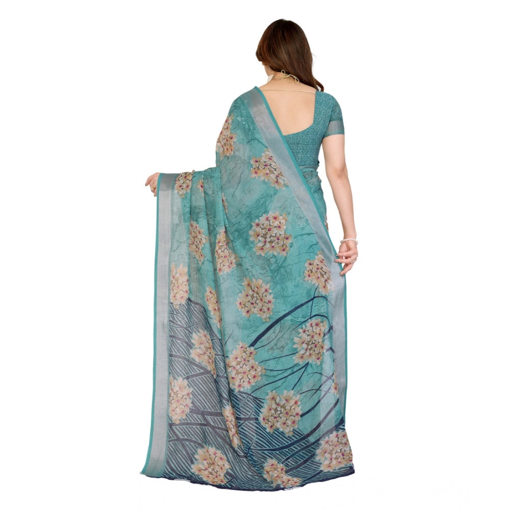 Women's Georgette Printed Saree With Unstitched Blouse 5.5Mtr (Turquoise Green)