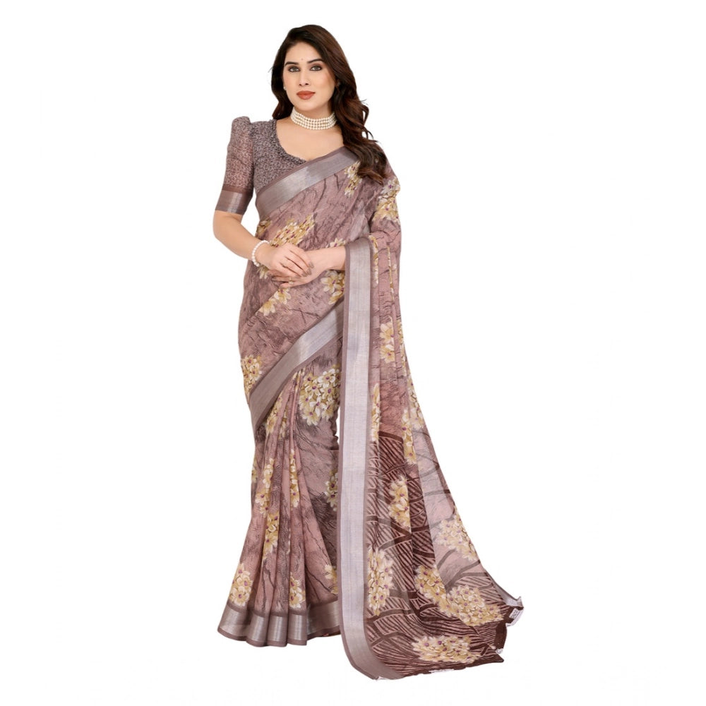 Women's Georgette Printed Saree With Unstitched Blouse 5.5Mtr (Brown)