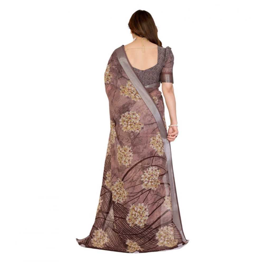 Women's Georgette Printed Saree With Unstitched Blouse 5.5Mtr (Brown)