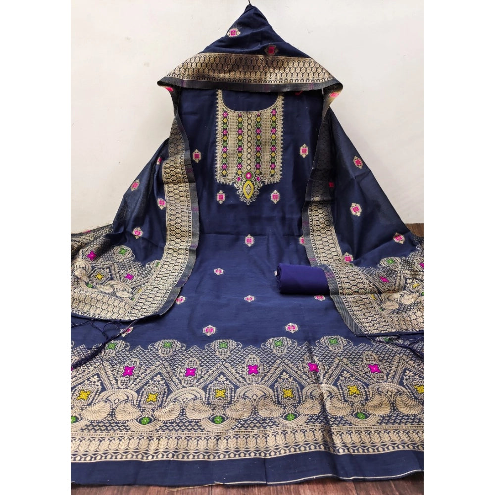Generic Women's Banarasi Silk Printed Unstitched Salwar Suit Material With Dupatta (Navy Blue, 3Mtrs)