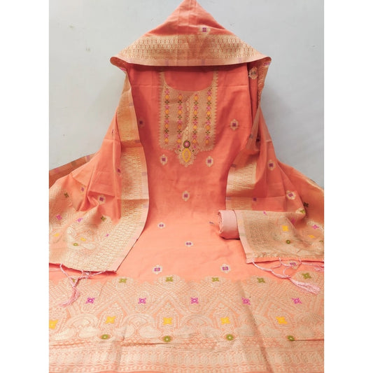 Generic Women's Banarasi Silk Printed Unstitched Salwar Suit Material With Dupatta (Peach, 3Mtrs)