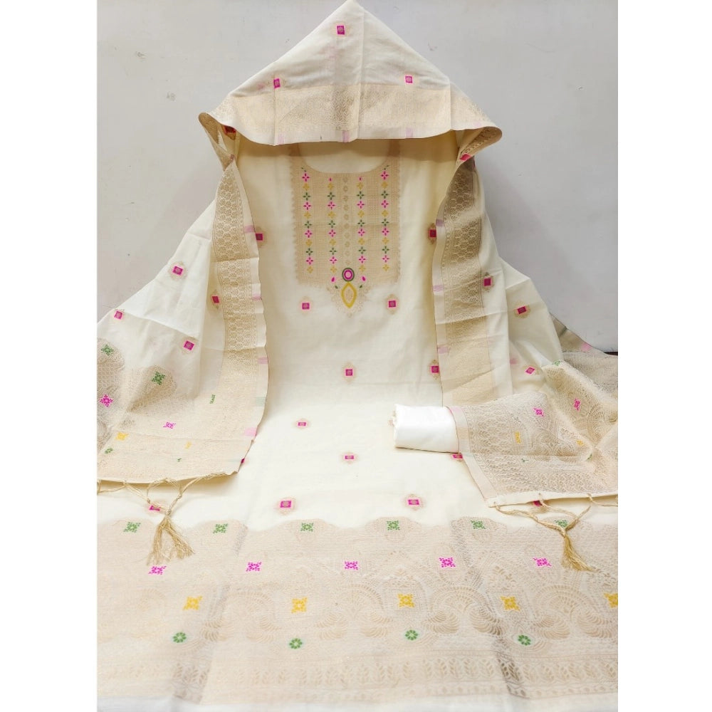 Generic Women's Banarasi Silk Printed Unstitched Salwar Suit Material With Dupatta (White, 3Mtrs)
