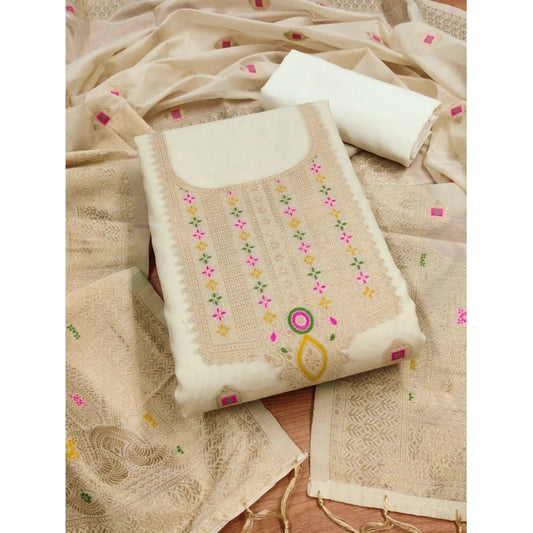 Generic Women's Banarasi Silk Printed Unstitched Salwar Suit Material With Dupatta (White, 3Mtrs)