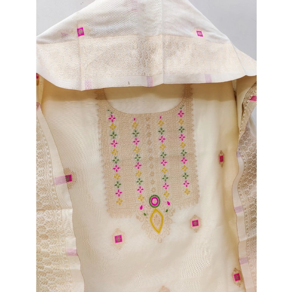 Generic Women's Banarasi Silk Printed Unstitched Salwar Suit Material With Dupatta (White, 3Mtrs)