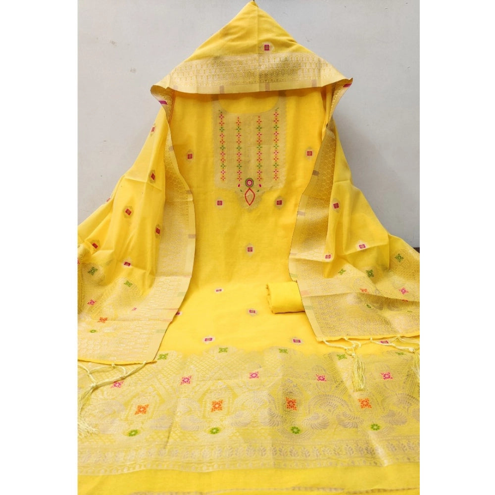Generic Women's Banarasi Silk Printed Unstitched Salwar Suit Material With Dupatta (Yellow, 3Mtrs)