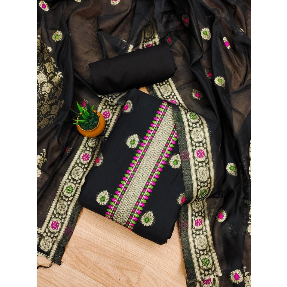 Generic Women's Banarasi Silk Printed Unstitched Salwar Suit Material With Dupatta (Black, 3Mtrs)