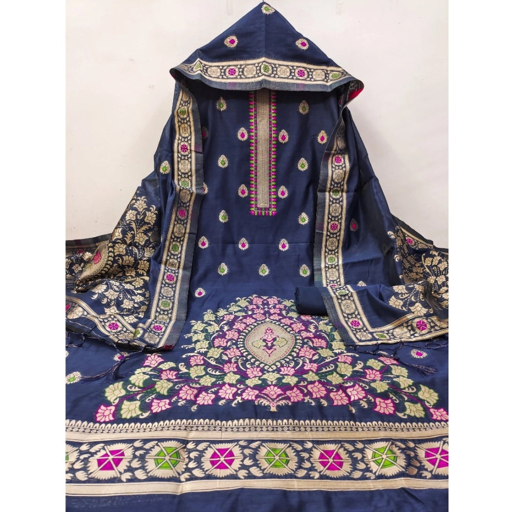 Generic Women's Banarasi Silk Printed Unstitched Salwar Suit Material With Dupatta (Navy Blue, 3Mtrs)