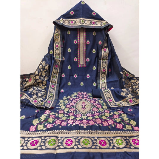 Generic Women's Banarasi Silk Printed Unstitched Salwar Suit Material With Dupatta (Navy Blue, 3Mtrs)