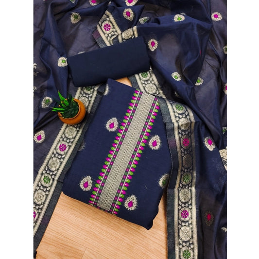 Generic Women's Banarasi Silk Printed Unstitched Salwar Suit Material With Dupatta (Navy Blue, 3Mtrs)