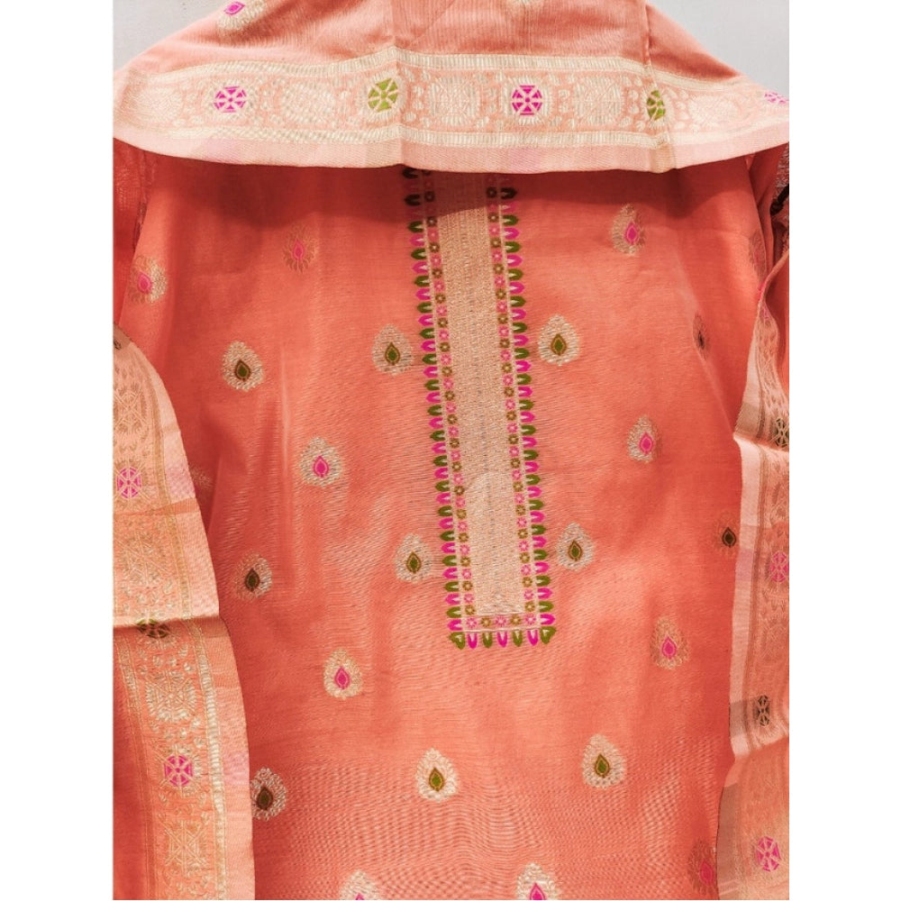 Generic Women's Banarasi Silk Printed Unstitched Salwar Suit Material With Dupatta (Peach, 3Mtrs)