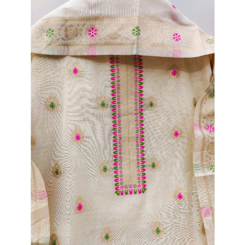 Generic Women's Banarasi Silk Printed Unstitched Salwar Suit Material With Dupatta (White, 3Mtrs)