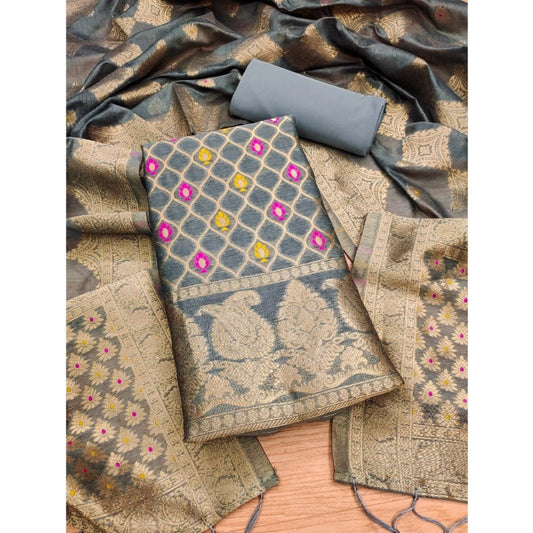 Generic Women's Banarasi Silk Printed Unstitched Salwar Suit Material With Dupatta (Grey, 3Mtrs)