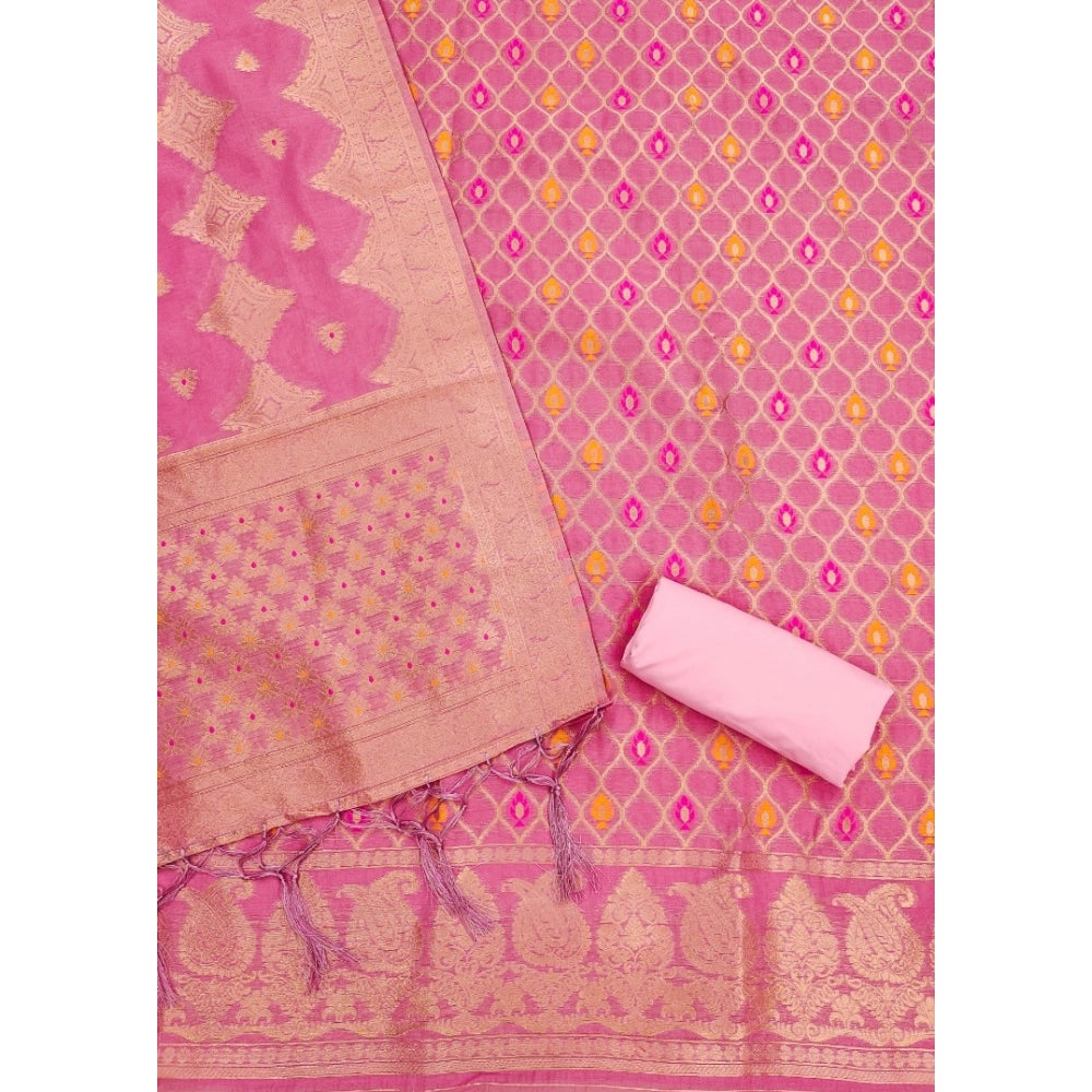 Generic Women's Banarasi Silk Printed Unstitched Salwar Suit Material With Dupatta (Pink, 3Mtrs)