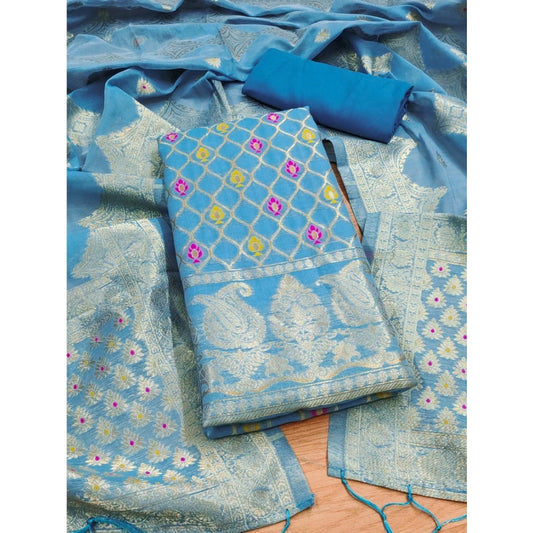 Generic Women's Banarasi Silk Printed Unstitched Salwar Suit Material With Dupatta (Sky Blue, 3Mtrs)