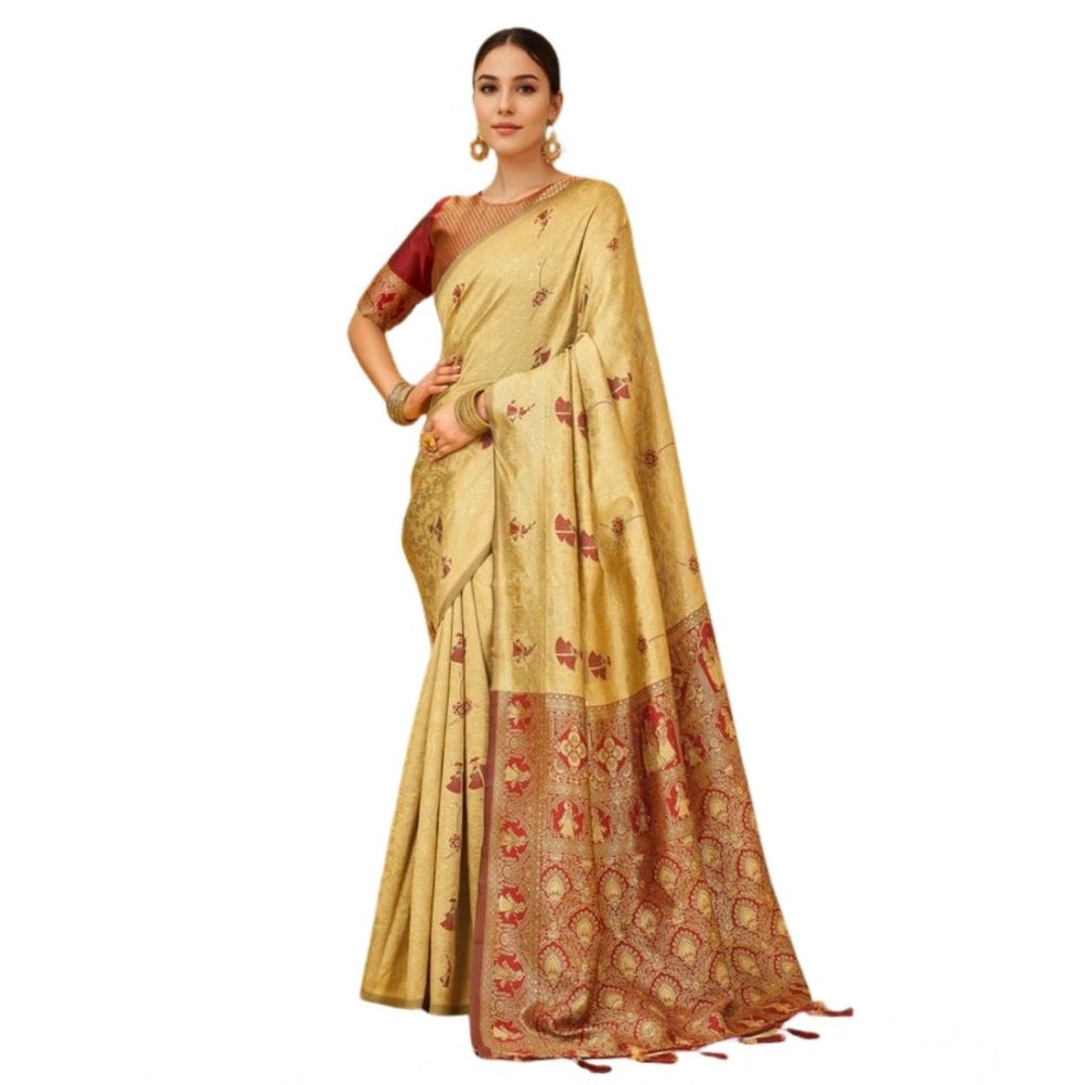Women's Silk Blend Woven Paithani Saree With Unstitched Blouse 5.5Mtr (Beige)