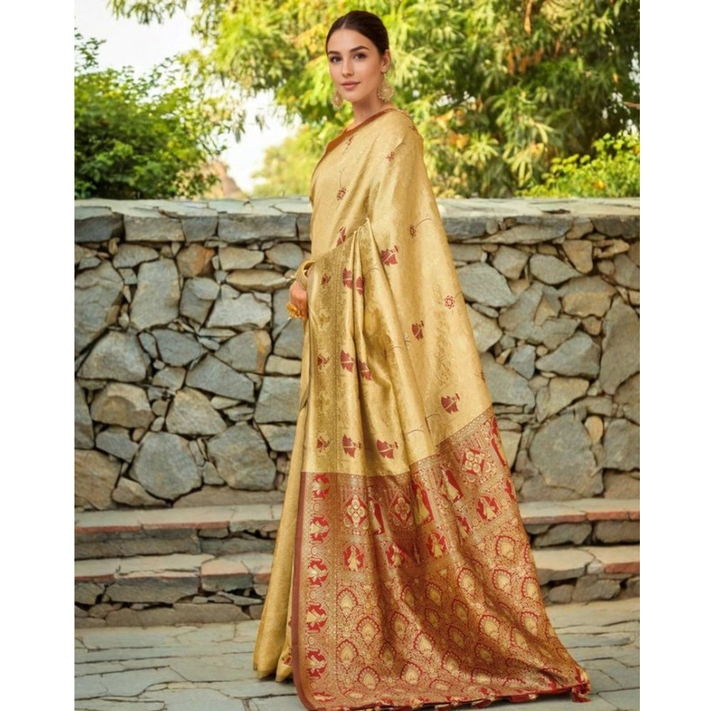 Women's Silk Blend Woven Paithani Saree With Unstitched Blouse 5.5Mtr (Beige)
