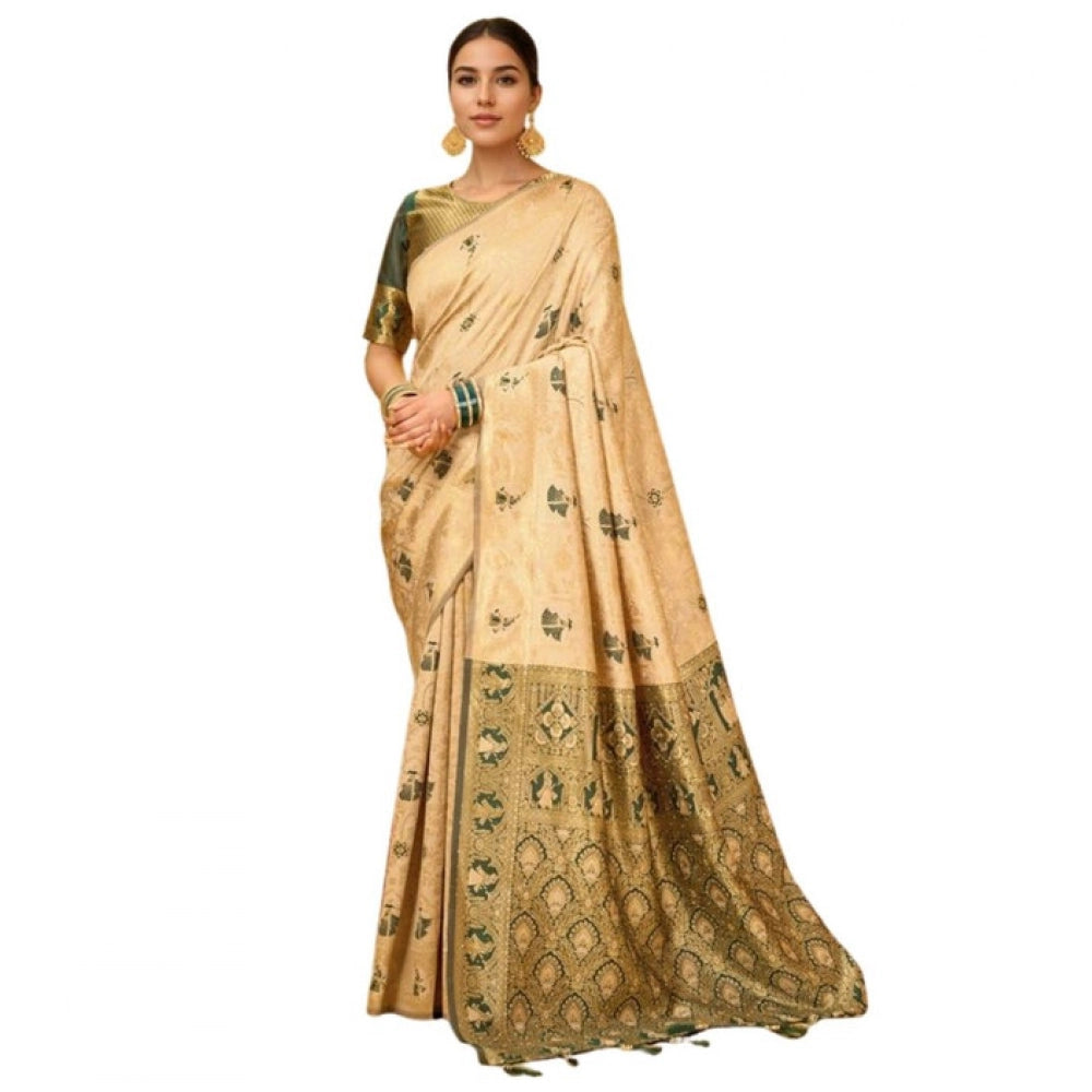 Women's Silk Blend Woven Paithani Saree With Unstitched Blouse 5.5Mtr (Cream)