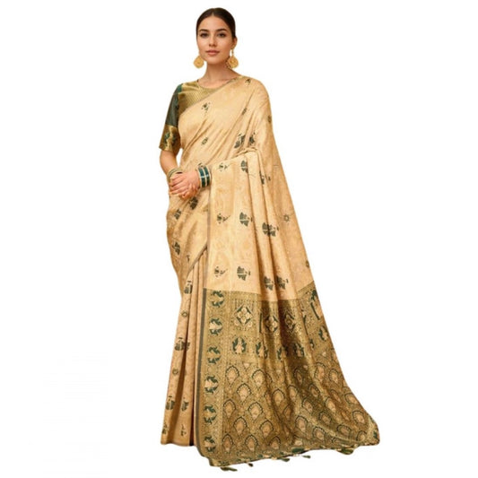 Women's Silk Blend Woven Paithani Saree With Unstitched Blouse 5.5Mtr (Cream)
