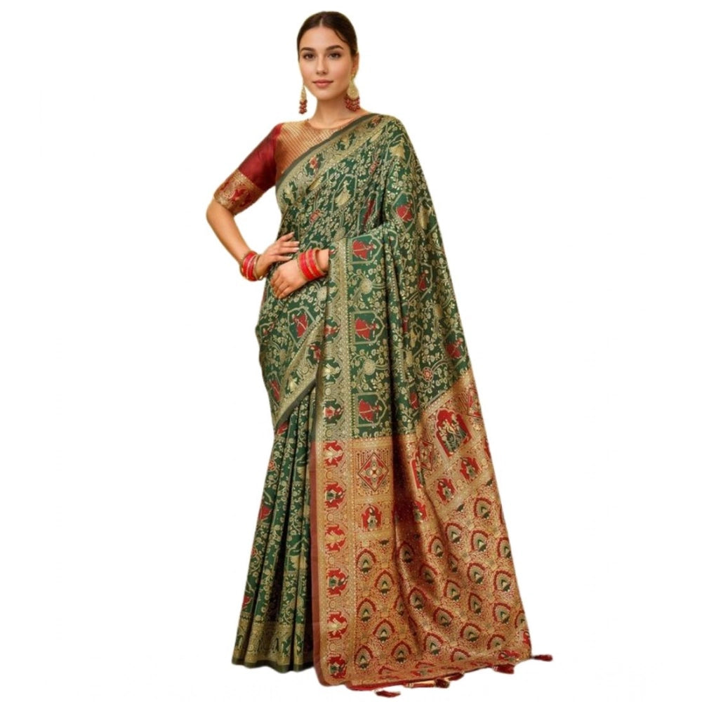 Women's Silk Blend Woven Paithani Saree With Unstitched Blouse 5.5Mtr (Green)