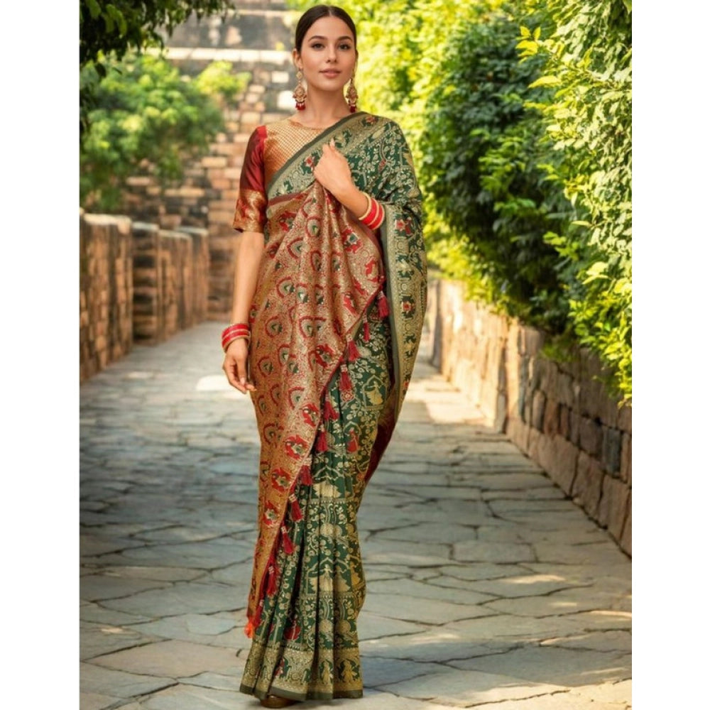 Women's Silk Blend Woven Paithani Saree With Unstitched Blouse 5.5Mtr (Green)