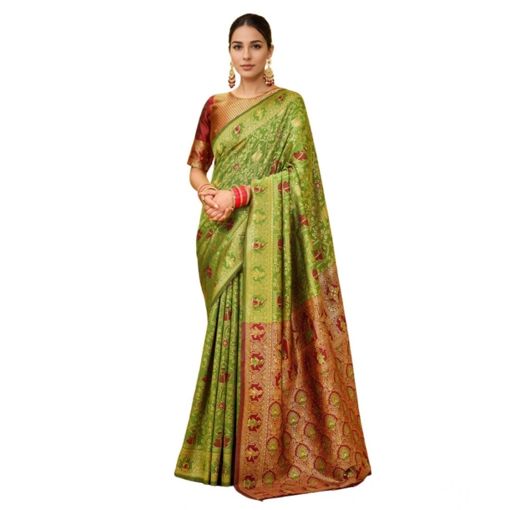 Women's Silk Blend Woven Paithani Saree With Unstitched Blouse 5.5Mtr (Light Green)