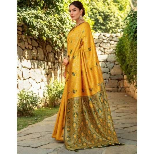 Women's Silk Blend Woven Paithani Saree With Unstitched Blouse 5.5Mtr (Mustard)