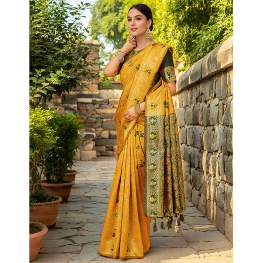 Women's Silk Blend Woven Paithani Saree With Unstitched Blouse 5.5Mtr (Mustard)