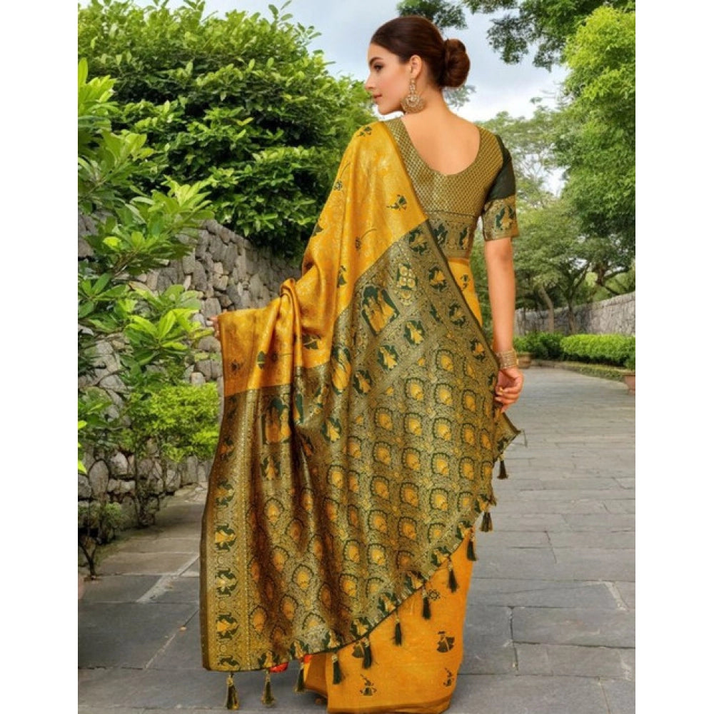 Women's Silk Blend Woven Paithani Saree With Unstitched Blouse 5.5Mtr (Mustard)