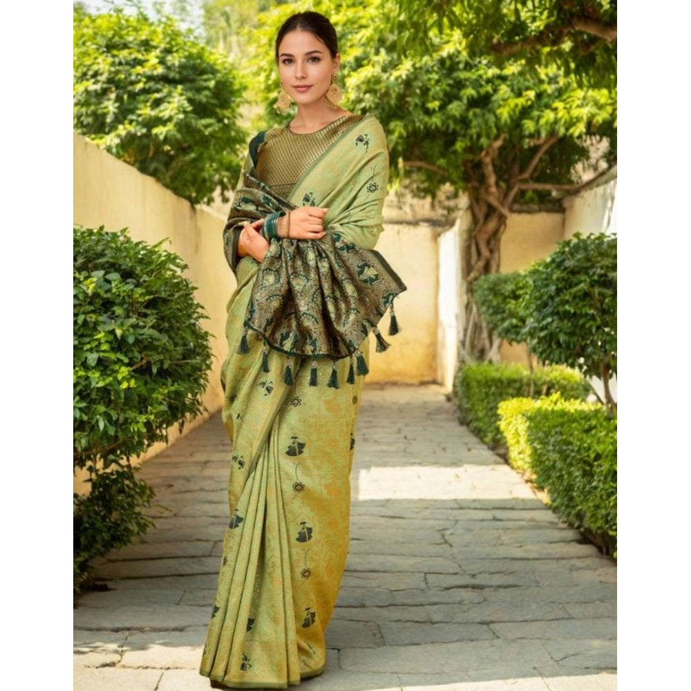 Women's Silk Blend Woven Paithani Saree With Unstitched Blouse 5.5Mtr (Olive)