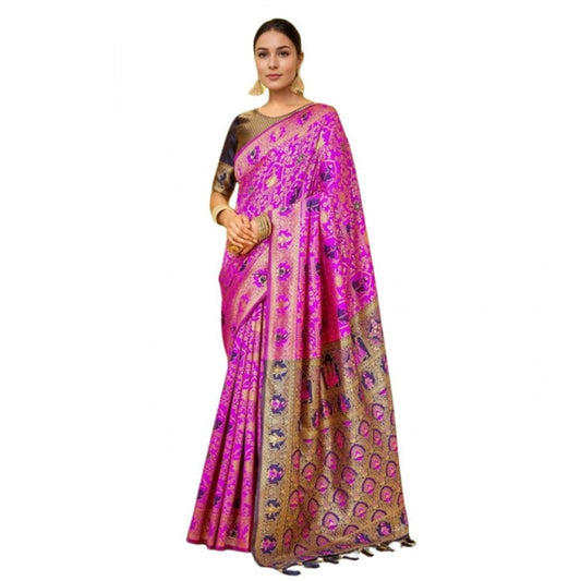 Women's Silk Blend Woven Paithani Saree With Unstitched Blouse 5.5Mtr (Pink)