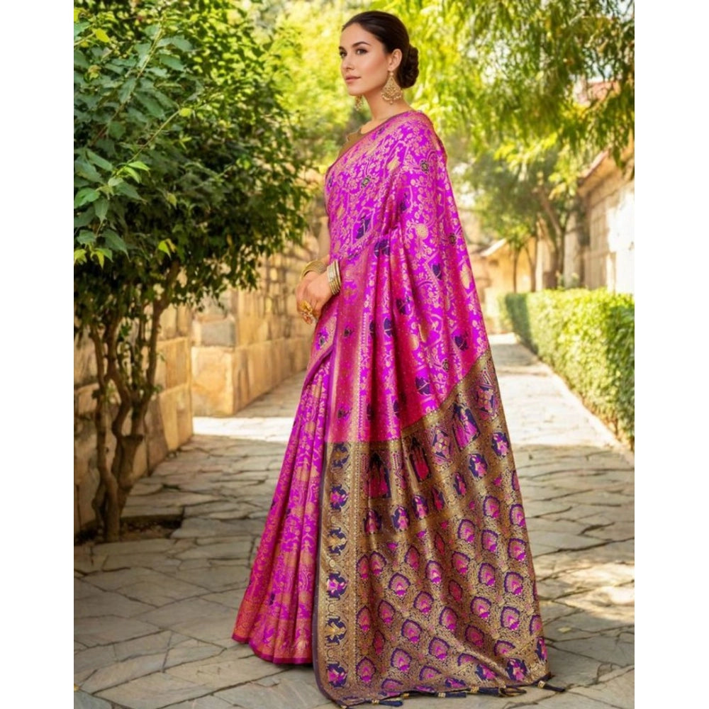 Women's Silk Blend Woven Paithani Saree With Unstitched Blouse 5.5Mtr (Pink)