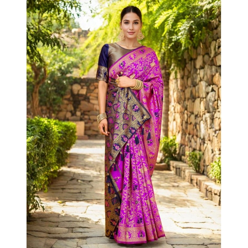 Women's Silk Blend Woven Paithani Saree With Unstitched Blouse 5.5Mtr (Pink)