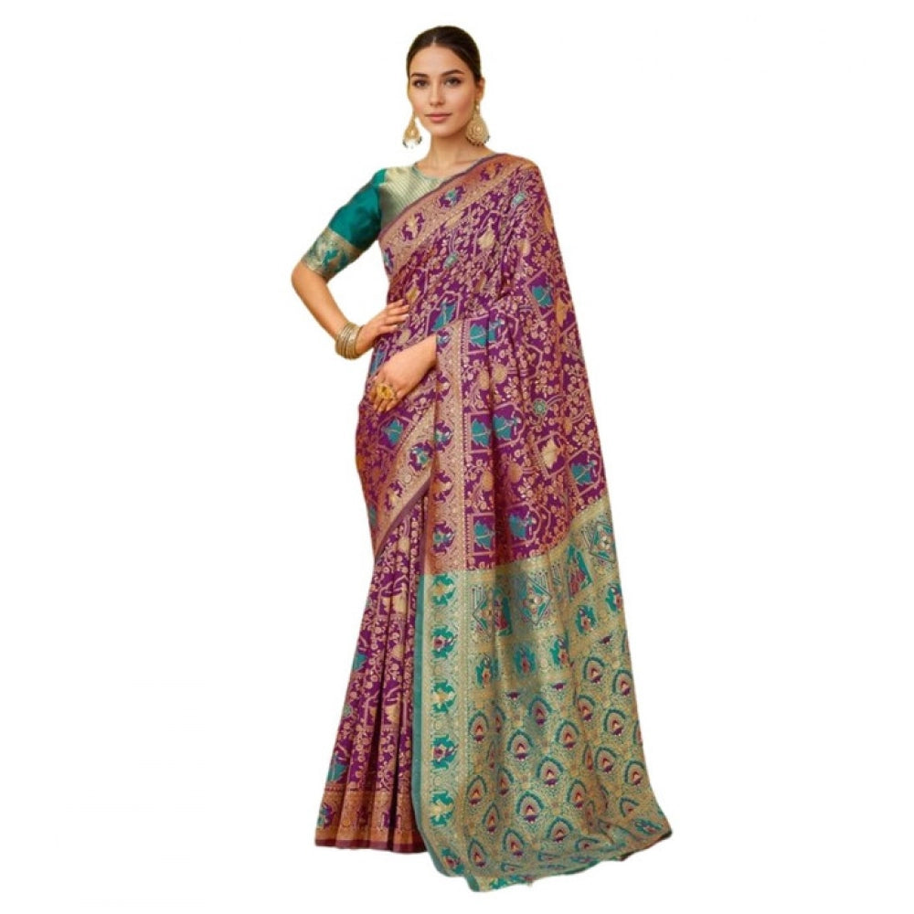 Women's Silk Blend Woven Paithani Saree With Unstitched Blouse 5.5Mtr (Purple)