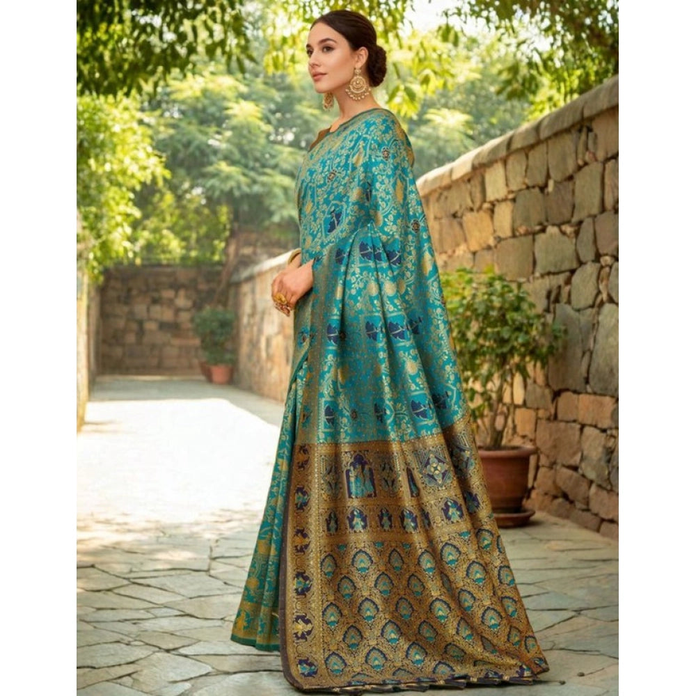 Women's Silk Blend Woven Paithani Saree With Unstitched Blouse 5.5Mtr (Rama)