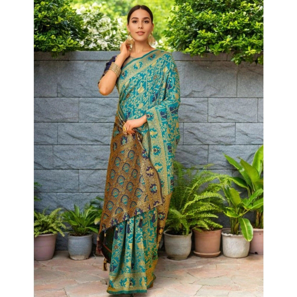 Women's Silk Blend Woven Paithani Saree With Unstitched Blouse 5.5Mtr (Rama)