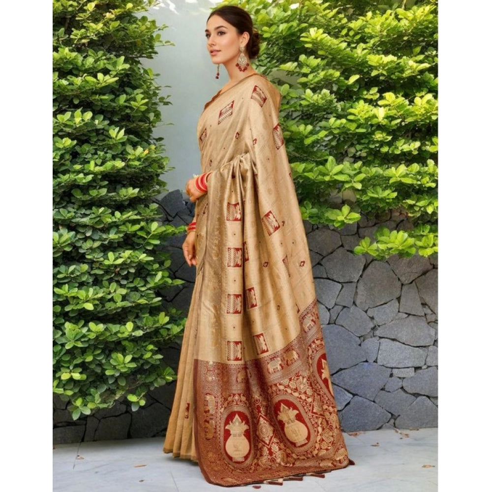 Women's Silk Blend Woven Zari Work Saree With Unstitched Blouse 5.5Mtr (Beige)